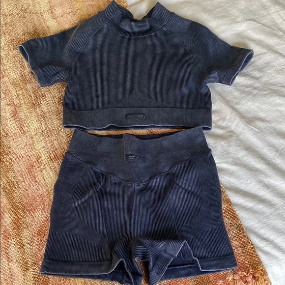 Charcoal gray stone washed Ribbed Two-Piece Set - Picture 1 of 8